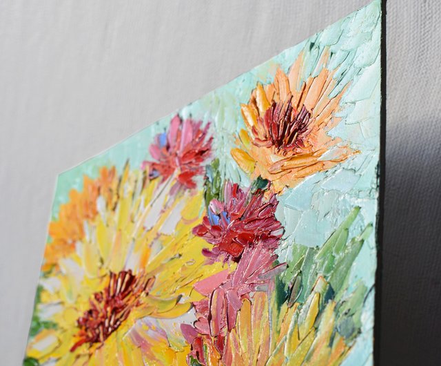黄色い花の絵ひまわりアート油絵インパスト静物画 - ショップ