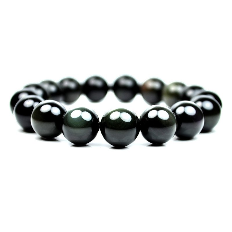 Rainbow Obsidian Double Eyes Obsidian Bracelet 12mm Japanese Elastic Cord - Bracelets - Semi-Precious Stones Black