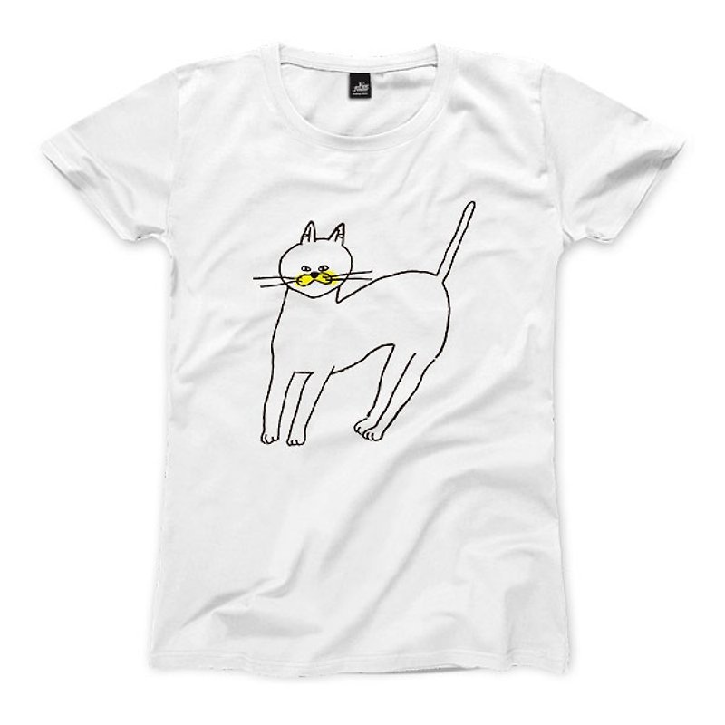 貓咪 - 白 - 女版T恤 - 女 T 恤 - 棉．麻 白色