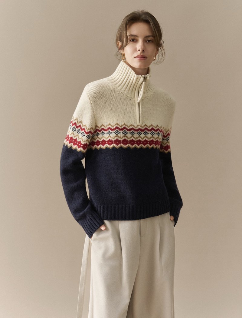 法式復古 / 費爾島立領針織毛衣 / 全羊毛 - 女毛衣/針織衫 - 其他材質 多色