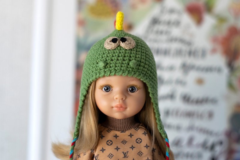 Dinosaur hat for doll Paola Reina, Siblies, Little Darling, animals hat, 针织帽 - 寶寶/兒童玩具/玩偶 - 棉．麻 綠色