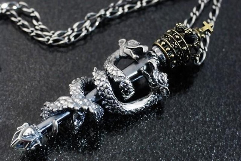 Caduceus brass pendant / snake Silver pendant - สร้อยคอ - โลหะ สีเทา