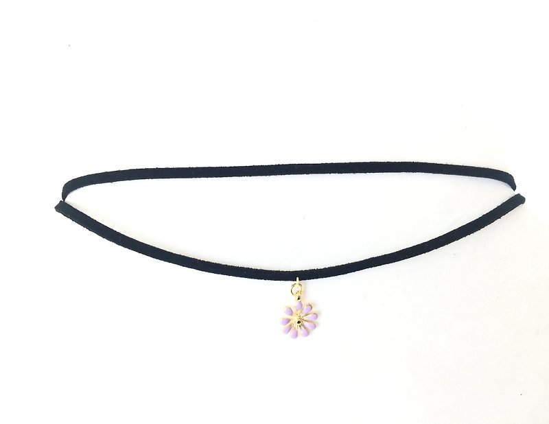 "Black double-stranded necklace - purple flowers paragraph" - Necklaces - Genuine Leather Purple