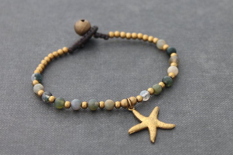 Starfish Charm Beaded Bracelets Brass Stone Fancy Jasper Beaded Woven Hemp - Bracelets - Cotton & Hemp Khaki