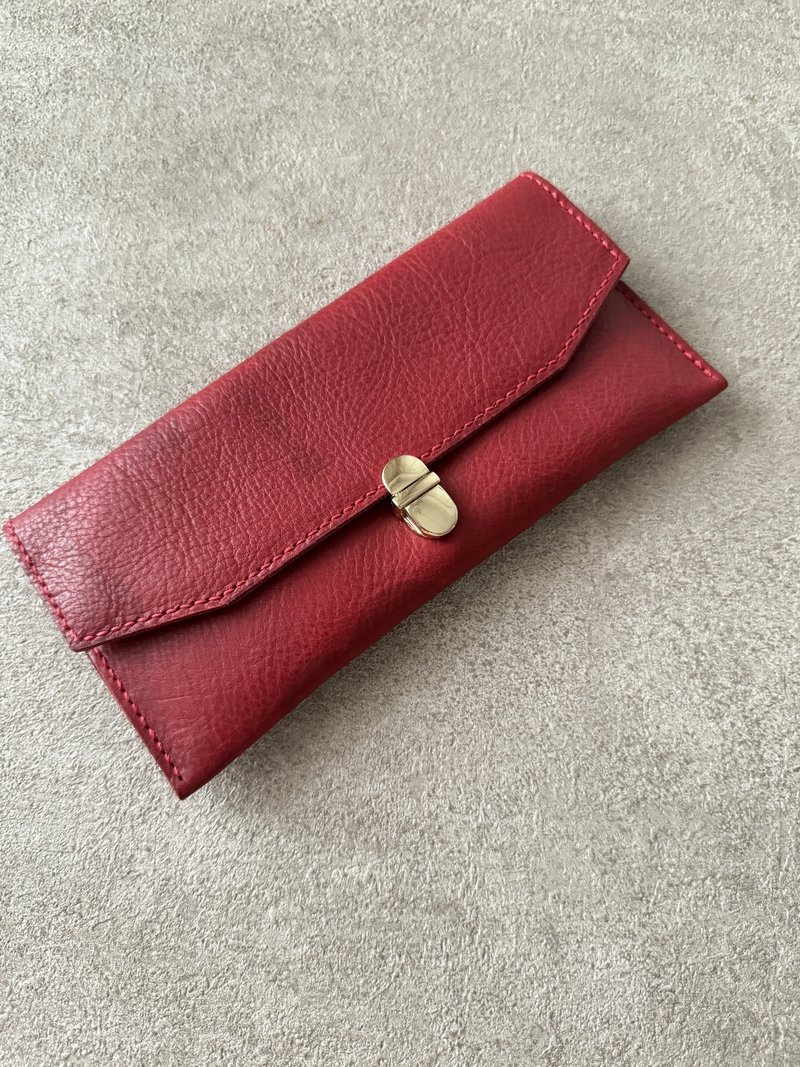 [Refurbished] Deep red embossed blue simple buckle long clip wallet - กระเป๋าสตางค์ - หนังแท้ 