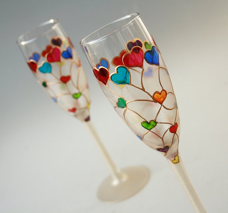 Valentines Hearts Champagne Glasses Wedding Rainbow, Hand-painted set of 2 - Bar Glasses & Drinkware - Glass Multicolor