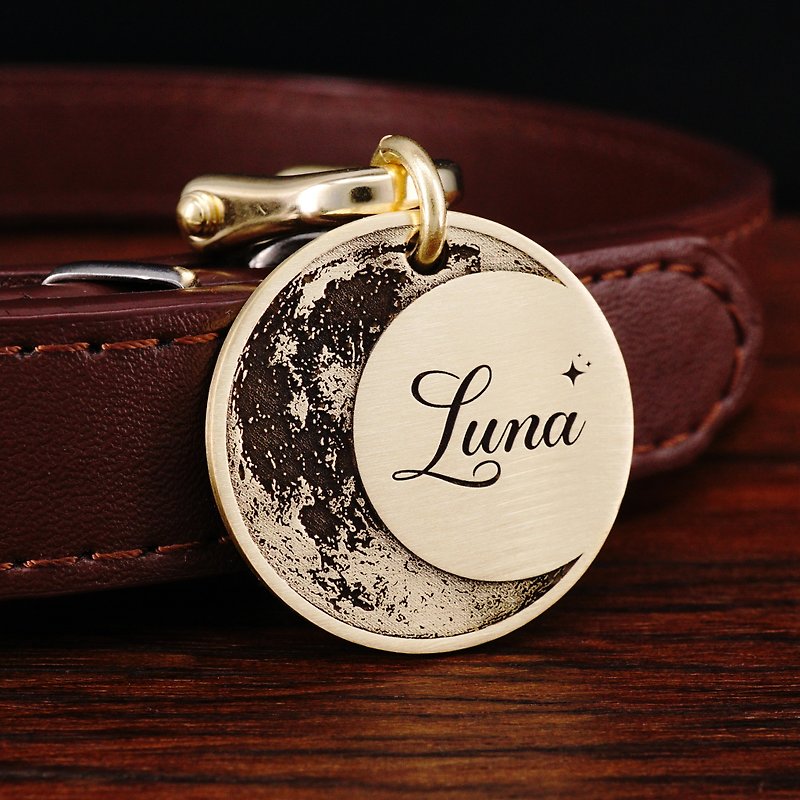 Custom Brass Moon Dog Tag, Pet ID Tag, Luna Dog Tag for Collar - Collars & Leashes - Copper & Brass Gold