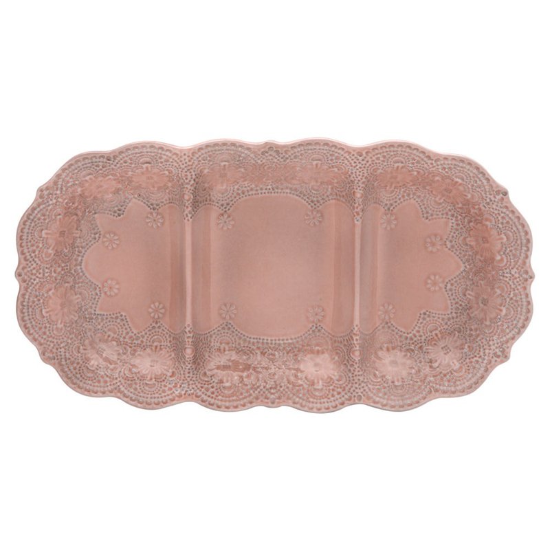 義大利VBC casa-手工浮雕蕾絲系列 40x22cm三格點心盤(粉紅色) - 盤子/餐盤/盤架 - 陶 粉紅色