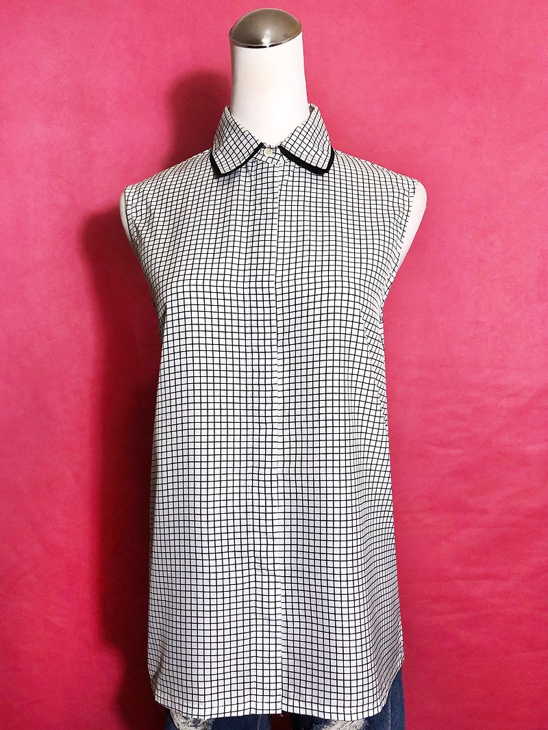 Double-layer collar plaid sleeveless vintage shirt / brought back to VINTAGE abroad - Women's Shirts - Polyester White