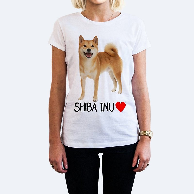 Shibe Inu Love Women's Short Sleeve T-shirt-White Shiba Inu Japanese Animal Dog Cat Street Wenqing - เสื้อยืดผู้หญิง - ผ้าฝ้าย/ผ้าลินิน ขาว