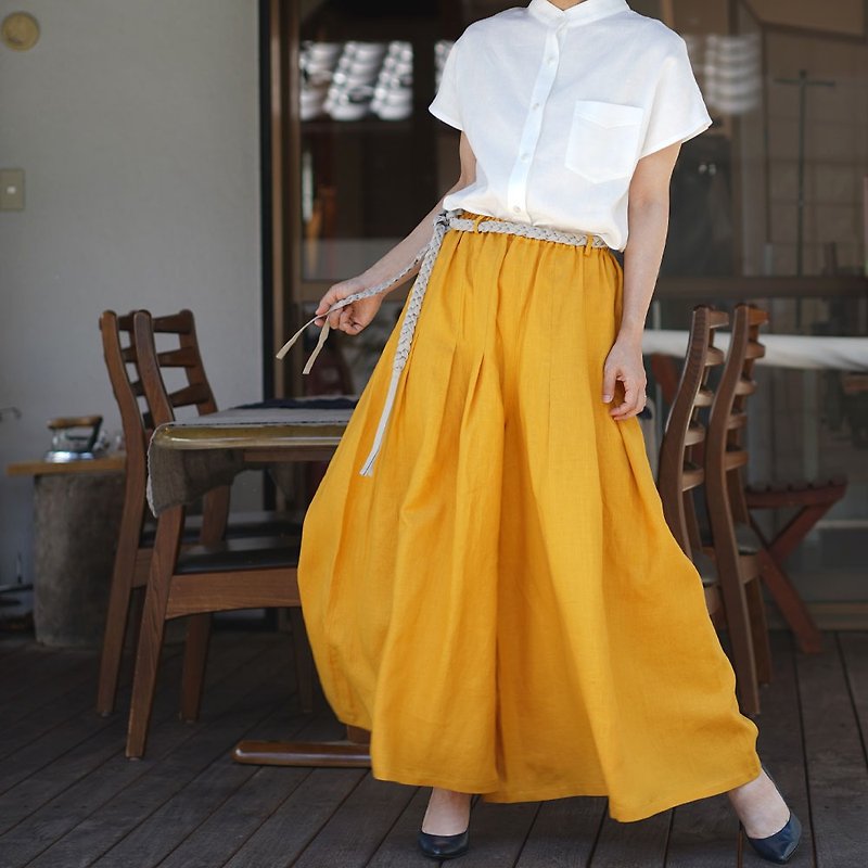 wafu - 純亞麻寬褲 Lightweight Linen Wide-leg HAKAMA pants / Golden Yellow b002k-ybk1 - กางเกงขายาว - ลินิน สีส้ม
