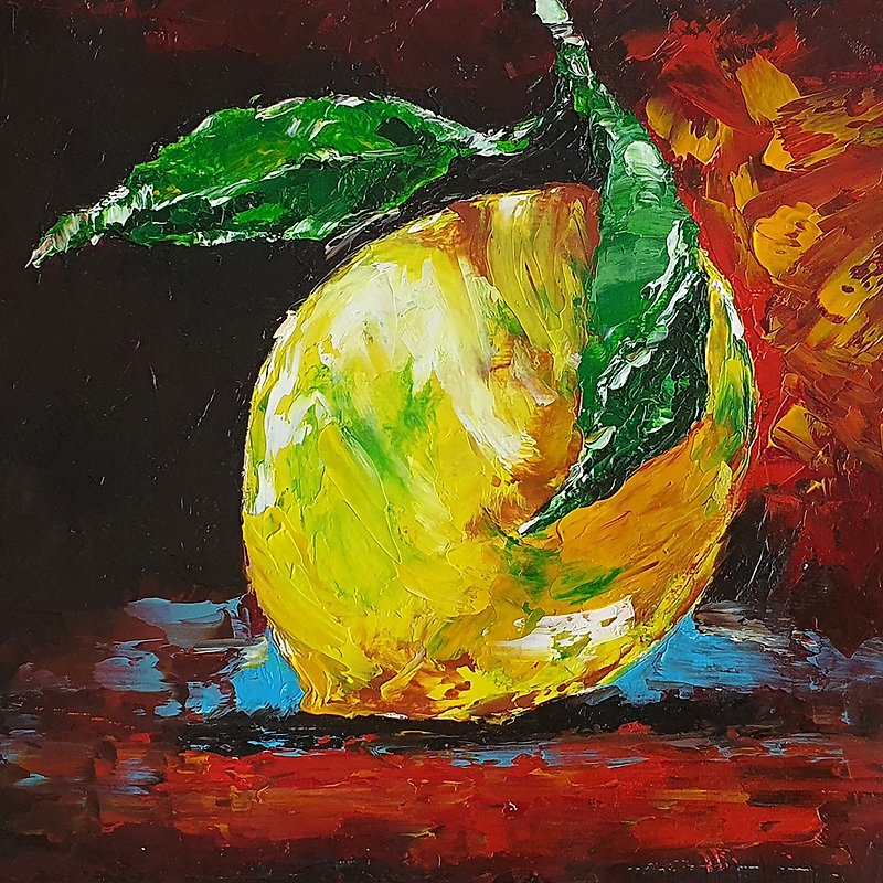 Lemon Painting Fruits Still Life Original Art Yellow Citrus Fruit Wall Art - 掛牆畫/海報 - 其他材質 咖啡色