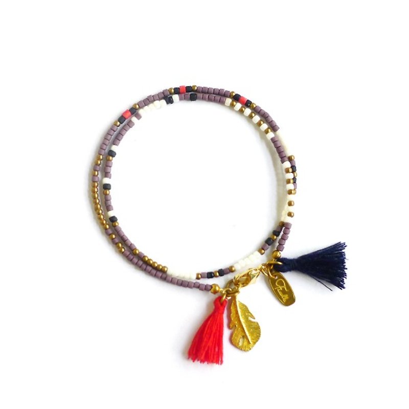 Lucky x handmade glass beads tassel Bronze purple [eternal ancient totem] double layer bracelet - สร้อยข้อมือ - เครื่องเพชรพลอย 