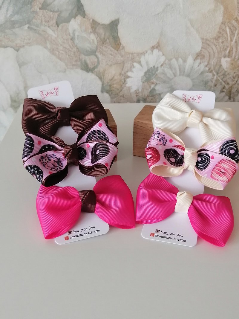 Donut hair bows set of 3 clips for girls, small dogs, Yorkie, Shih Tzu, Maltese - 寵物衣服 - 其他材質 多色