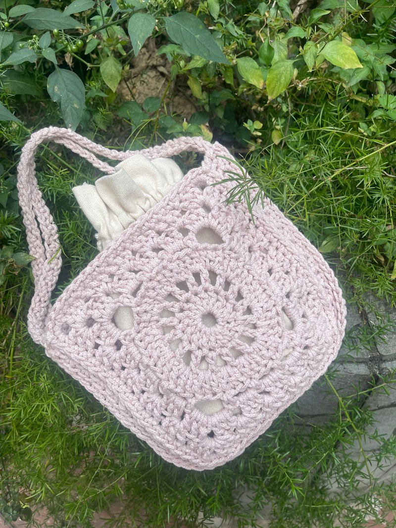 可客制背帶 顏色 鉤織祖母格側背包 配束口收納袋 - 側背包/斜孭袋 - 棉．麻 多色