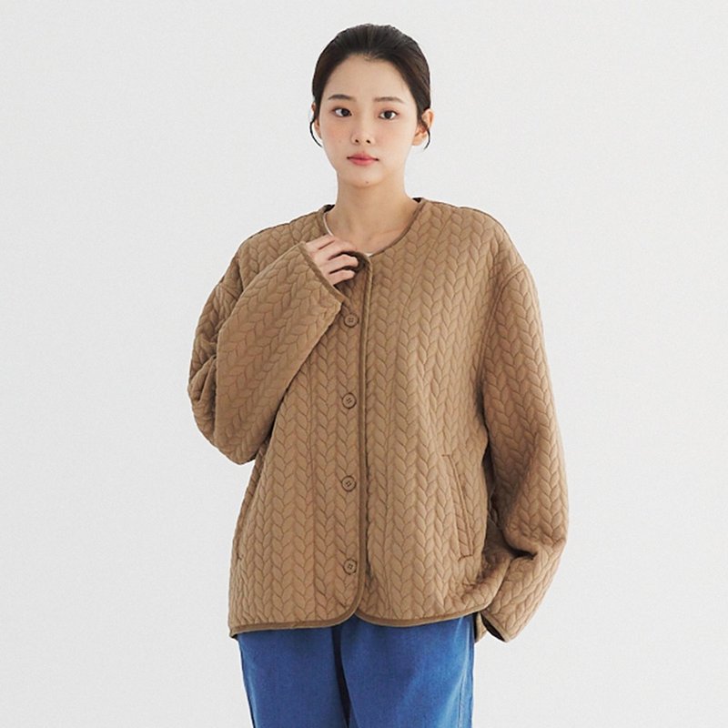 【Simply Yours】Knitted jacquard piping jacket coffee F - เสื้อแจ็คเก็ต - ผ้าฝ้าย/ผ้าลินิน สีนำ้ตาล