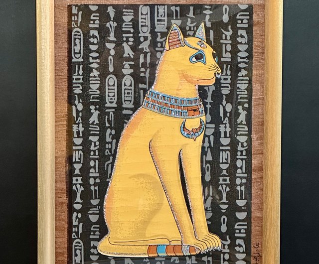 エジプトのパピルス絵画エジプト猫神ゴールデン フレーム黒背景