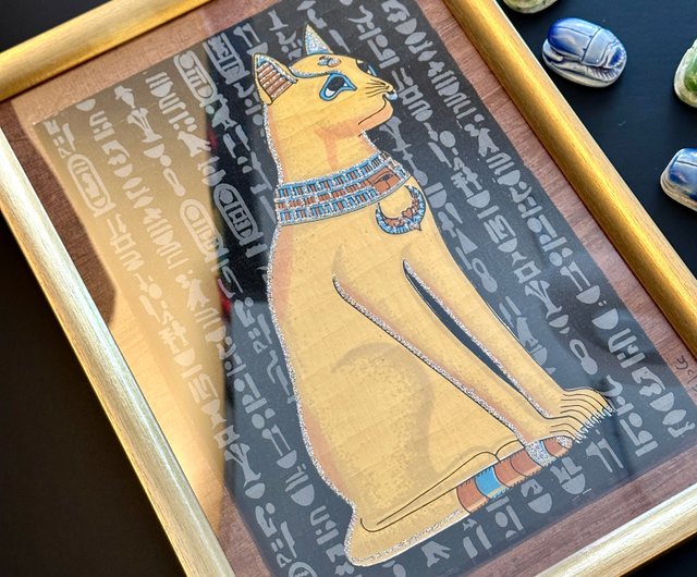 エジプトのパピルス絵画エジプト猫神ゴールデン フレーム黒背景