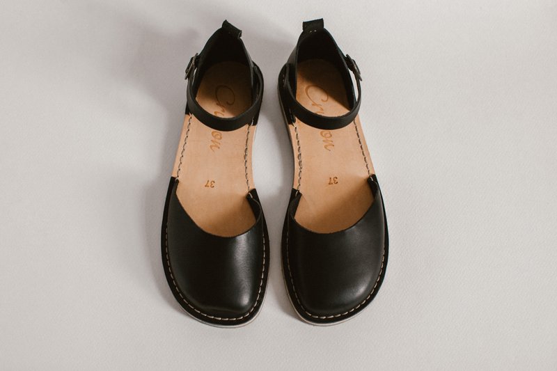 皮革涼鞋、夏季涼鞋、女士涼鞋、赤足涼鞋、夏季平底鞋 - 女休閒鞋/帆布鞋 - 真皮 黑色