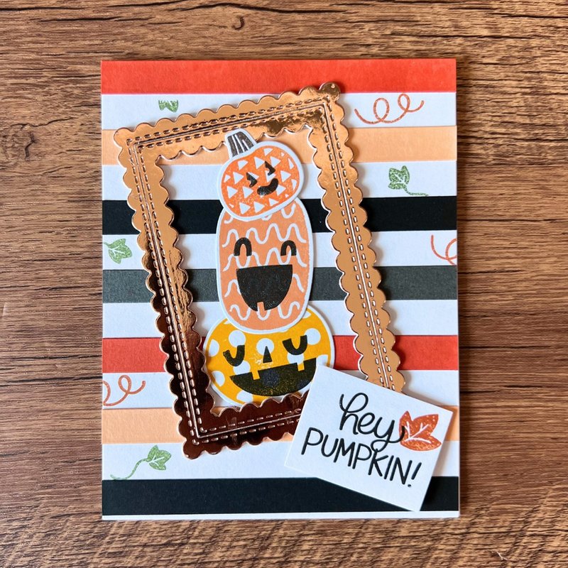 hey PUMPKIN Pumpkin Rose Gold Frame Stripes Halloween Card Fall Card Autumn Card - การ์ด/โปสการ์ด - กระดาษ สีส้ม