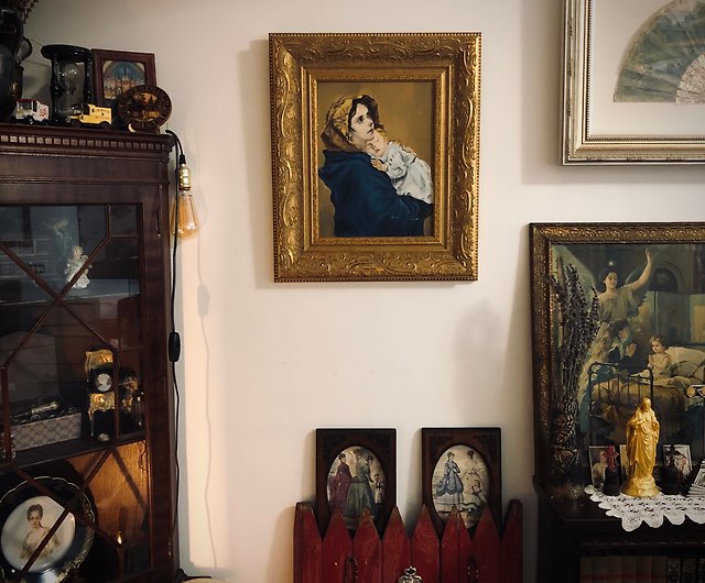 フランスの聖母子の肖像画額入り無垢材ゴールドフレーム油絵