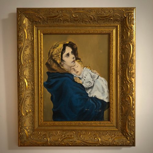 フランスの聖母子の肖像画額入り無垢材ゴールドフレーム油絵