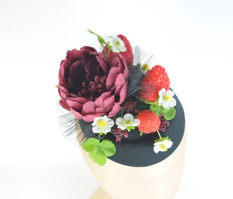 Headpiece Hat with Statement Peony Silk Flower, Strawberries and Raspberries - Hair Accessories - Other Materials Black