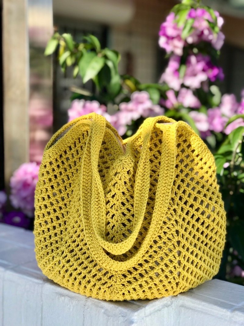 手作-編織棉質肩背/手提包-芥黃-上班/通勤/輕旅行/生日禮物 - 手提包/手提袋 - 棉．麻 黃色