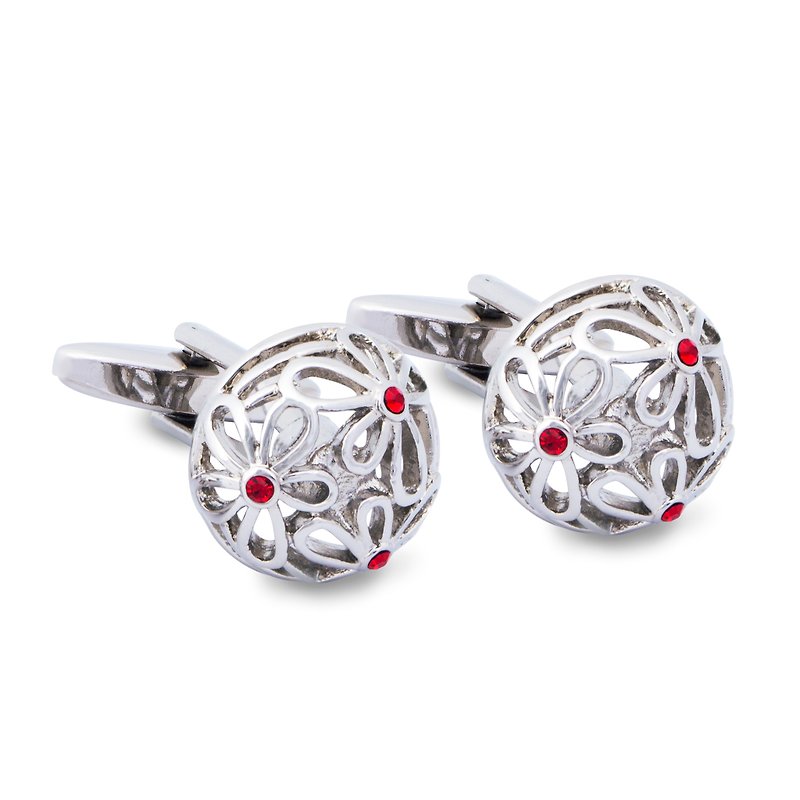 Intricate Floral Carved Cufflinks with Red Crystals - กระดุมข้อมือ - โลหะ สีเงิน