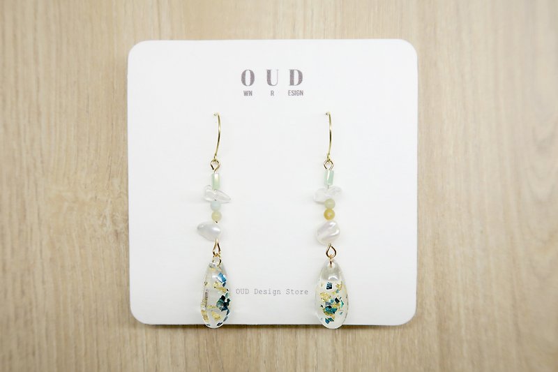 OUD Original-14Kgf-Natural Crystal+Pearl-Aquamarine Shells Drop Earring/Clip-on - Earrings & Clip-ons - Pearl White