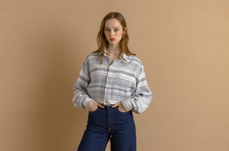 Cotton Aztec Abstract Pattern Unisex Fabric Long Sleeve Mens Small Shirt 7458 - 帽T/大學T - 棉．麻 卡其色