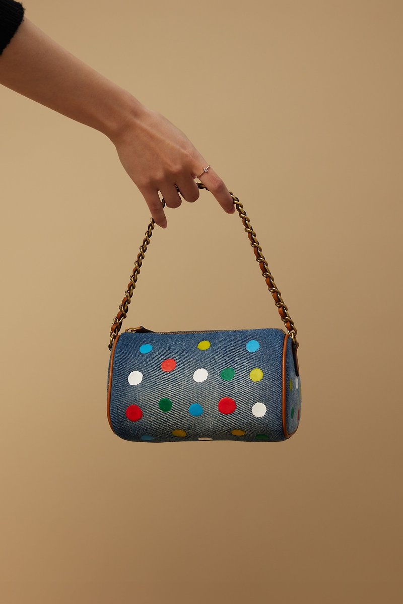 Painted-Dots Mini Denim Bag - 手提包/手提袋 - 棉．麻 