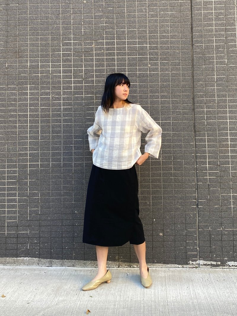 拼接圓筒袖上衣-微瑕 - 女上衣/長袖上衣 - 棉．麻 灰色