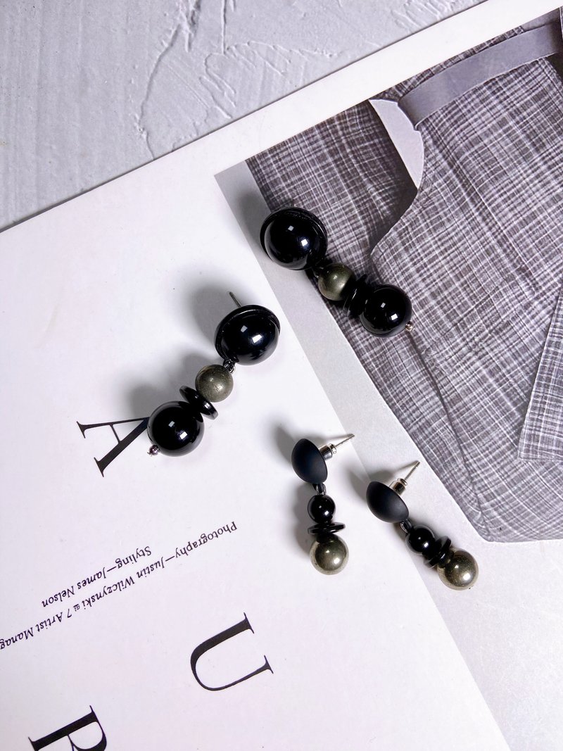 Pyrite // Black Onyx // Dangle Earrings - ต่างหู - หยก สีดำ