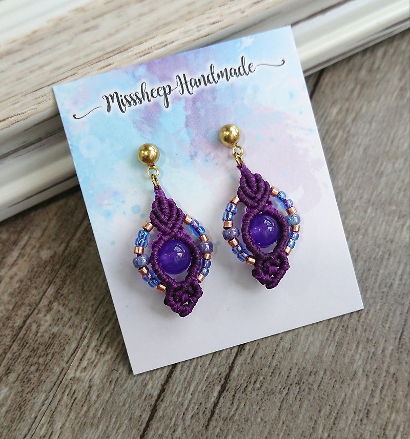 Misssheep-A124-Bohemian South American Wax Line Weave Japanese Glass Beads Purple Chalcedony Earrings - ต่างหู - วัสดุอื่นๆ สีม่วง