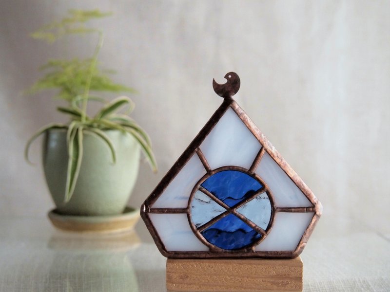 【受注制作品】[ KOBBIT HOUSE ＜コビット　ハウス＞　グラスさんのお家：　キャンドルホルダーLED付き・ステンドグラス - 燈具/燈飾 - 玻璃 藍色