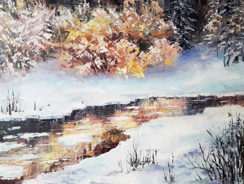 Original oil painting. Winter forest. Canvas stretched on stretcher. 39 x 49 cm - ตกแต่งผนัง - วัสดุอื่นๆ 