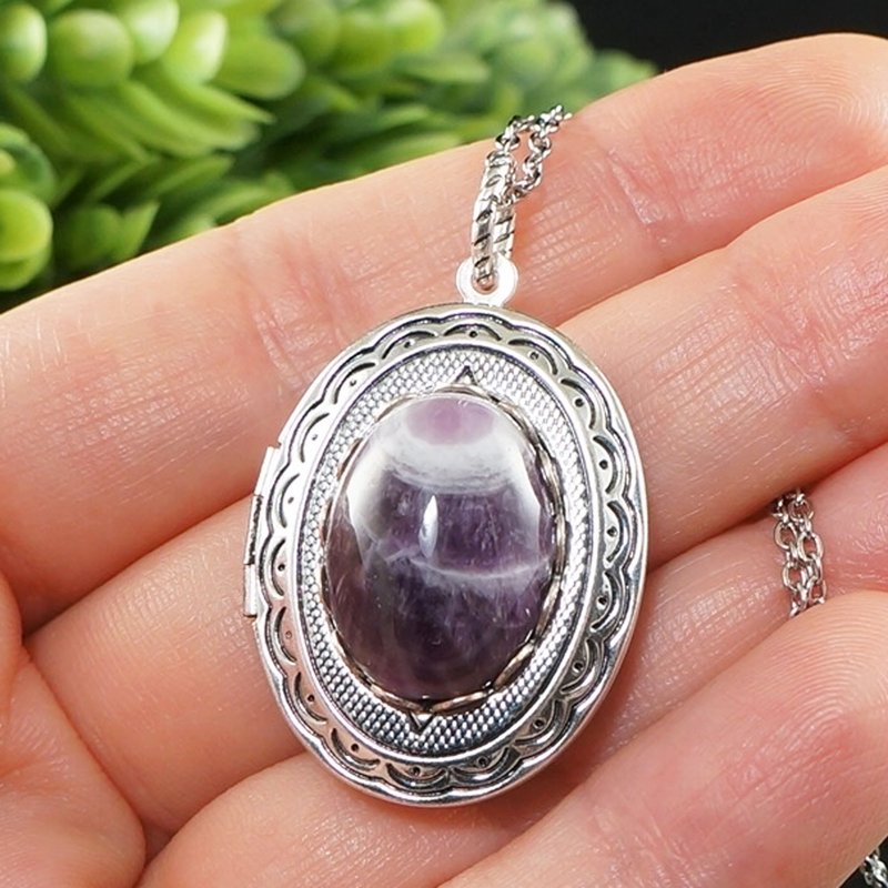 Amethyst Silver Locket Purple Violet Stone Keepsake Pendant Necklace Jewelry - Necklaces - Gemstone Purple