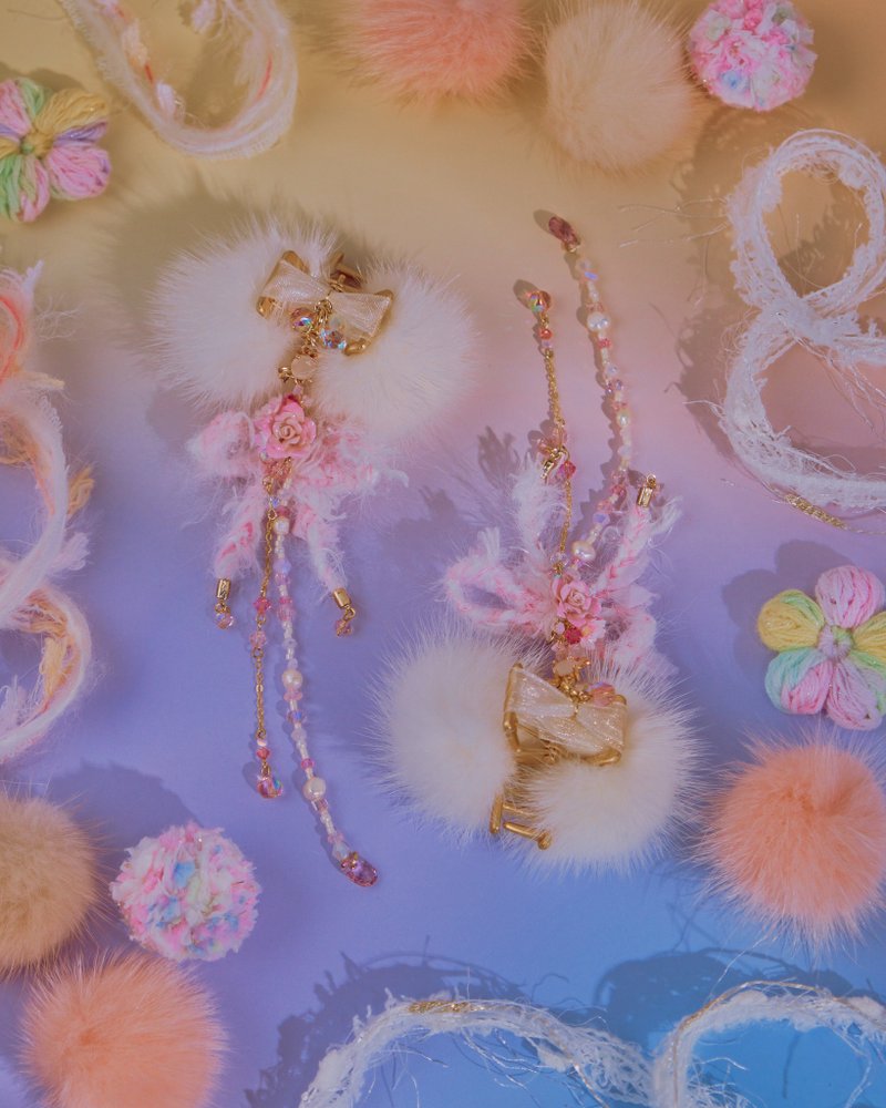 Honey Teddy with Cotton Candy Claw Clip - เครื่องประดับผม - ดินเหนียว สึชมพู