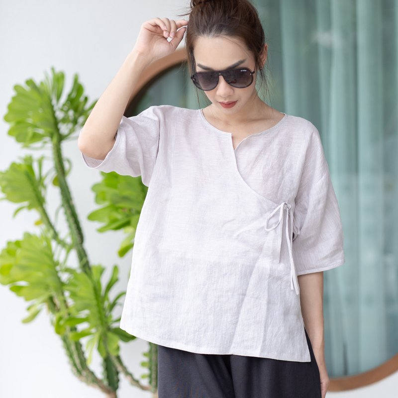 Natural  Linen Little Front Bow Top Minimal Top Linen Blouse - Very Light Grey - Women's Tops - Linen Gray