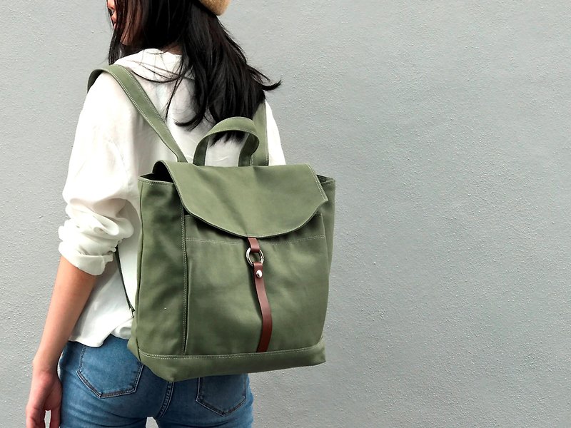 帆布皮革背包 大容量旅行背包 筆電包書包-Tanya-no102 橄欖綠