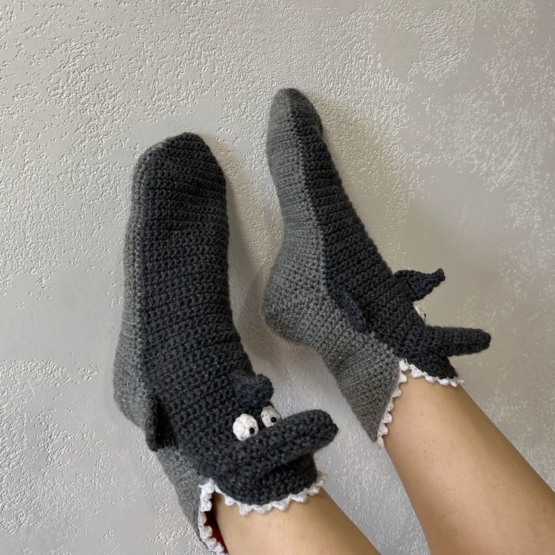 Knitted Shark Home Socks, Shark Sock, Knitted Shark Home Slippers, Shark Week - 襪子 - 羊毛 