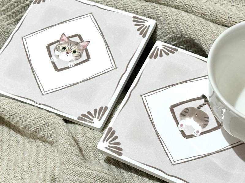 花磚かくれんぼコースター キジトラおしりセット | 結婚式のプチギフト 陶器 立体模様 - コースター - 陶器 多色