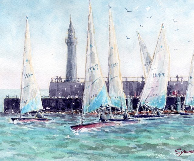 水彩画原画 江の島ヨットハーバー5 - ショップ 松下勝明