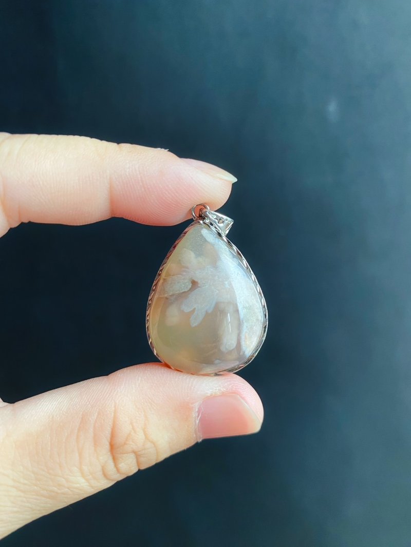 孤品 櫻花瑪瑙 S925銀鑲拖 炸花 大花 水中花 項鍊 天然石 禮物 - 項鍊 - 水晶 卡其色