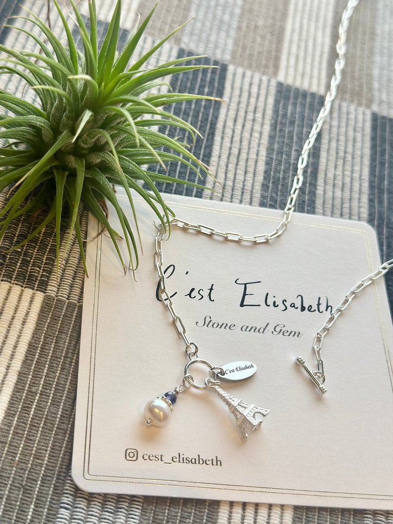 One Day in Paris - Cordierite Freshwater Pearl Eiffel Tower 925 Sterling Silver Necklace - สร้อยคอ - เงินแท้ 