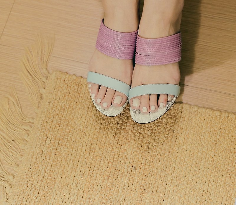 【 展示品出清 】疊繩細帶 簡約粗跟涼鞋 紫藍 - 高踭鞋 - 真皮 紫色