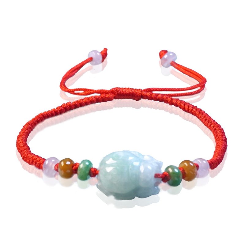 冰種飄綠翡翠瓢蟲編織手鍊 | 天然緬甸玉A貨翡翠 | 送禮 - 手鍊/手環 - 玉石 綠色