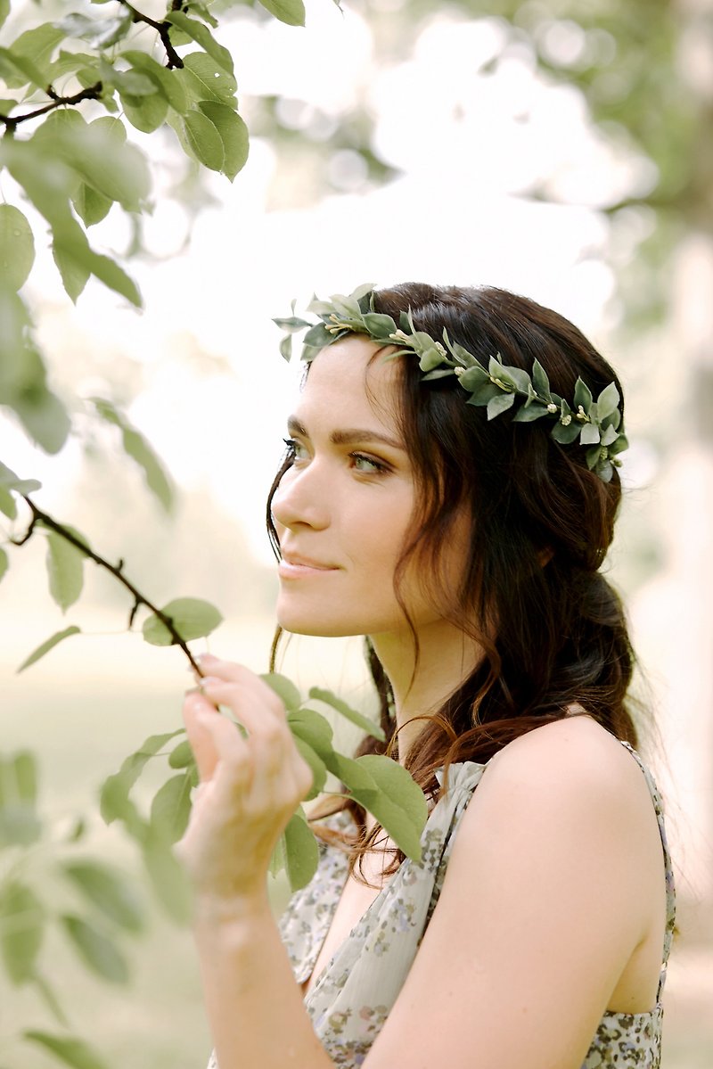 Greenery baby breath crown - Bridal flower crown - Leaf headpiece - 髮飾 - 植物．花 綠色