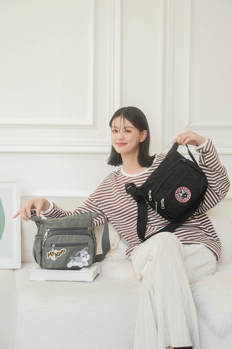 Little black cat Schnauzer bag light waterproof multi-layer crossbody bag [330008] - กระเป๋าแมสเซนเจอร์ - วัสดุกันนำ้ สีเทา